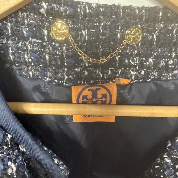 Tory Burch Anabelle Tweed Blazer Jacket Sz 2 Blue Black Gold Buttons academia - Picture 8 of 13